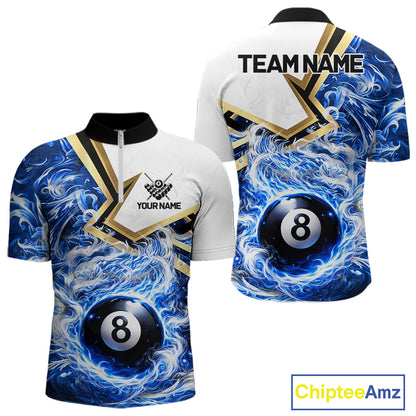 Blue 8 Ball Flame Smoke Golden Billiard Shirt For Men Custom Pool Team Jersey Polo & 1/4 Zip TDM5735