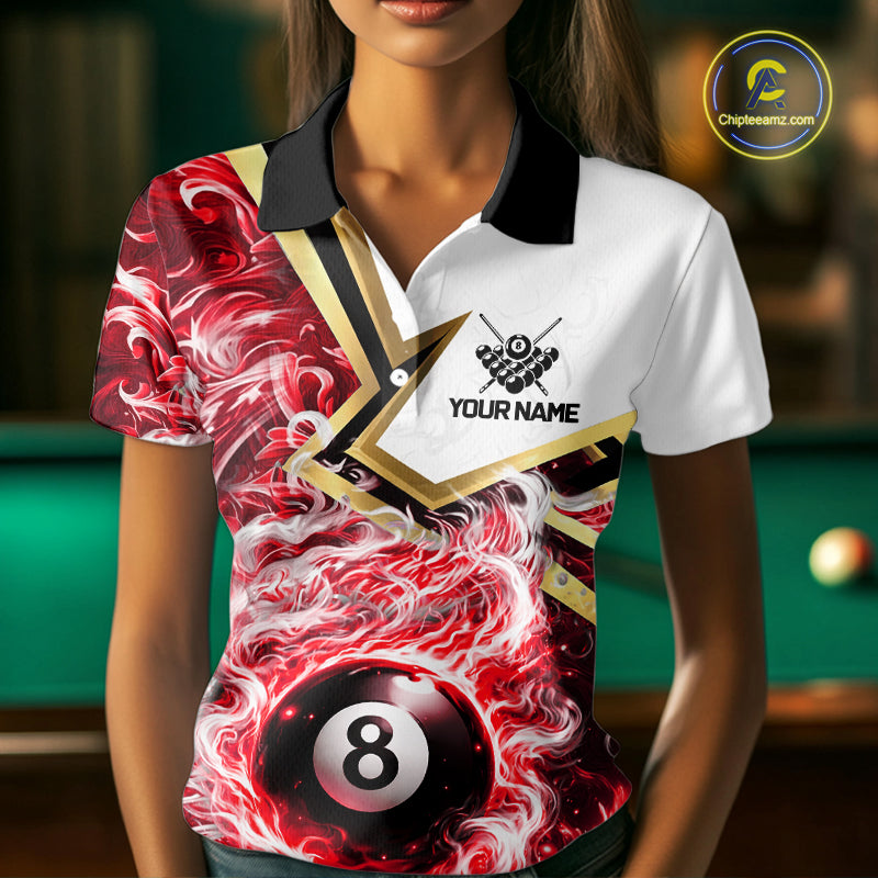 Red 8 Ball Flame Smoke Golden Billiard Shirt For Women Custom Pool Team Jersey Polo & 1/4 Zip TDM5736