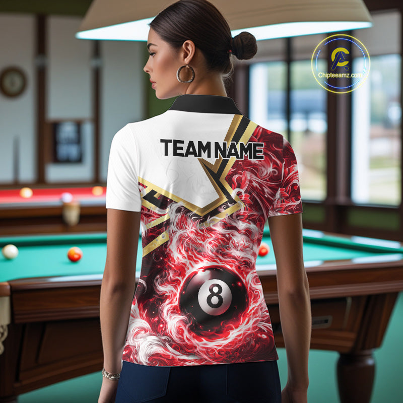 Red 8 Ball Flame Smoke Golden Billiard Shirt For Women Custom Pool Team Jersey Polo & 1/4 Zip TDM5736