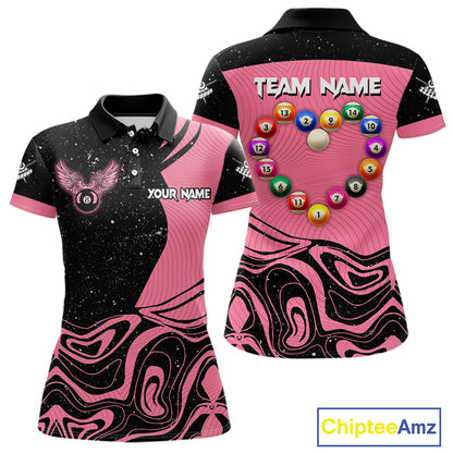 Black And Pink Funny Pool Balls Heart Billiard Shirt For Women Custom Valentine Billiard Jersey TDM5741