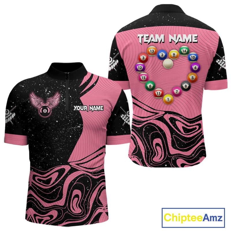 Black And Pink Funny Pool Balls Heart Billiard Shirt For Men Custom Valentine Billiard Jersey TDM5741