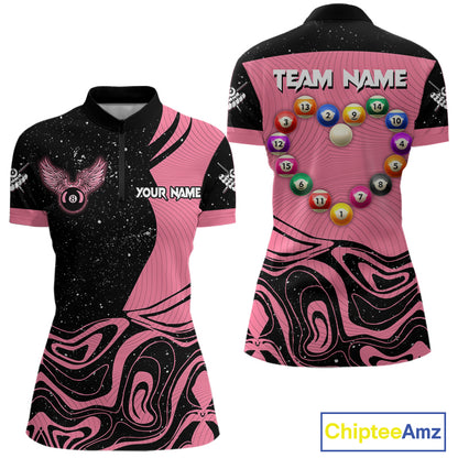 Black And Pink Funny Pool Balls Heart Billiard Shirt For Women Custom Valentine Billiard Jersey TDM5741