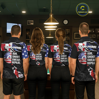 American Flag 8 Ball Aim Shoot Swear Repeat Women's Billiard Shirt Custom Pool Jersey Polo & 1/4 Zip TDM5928
