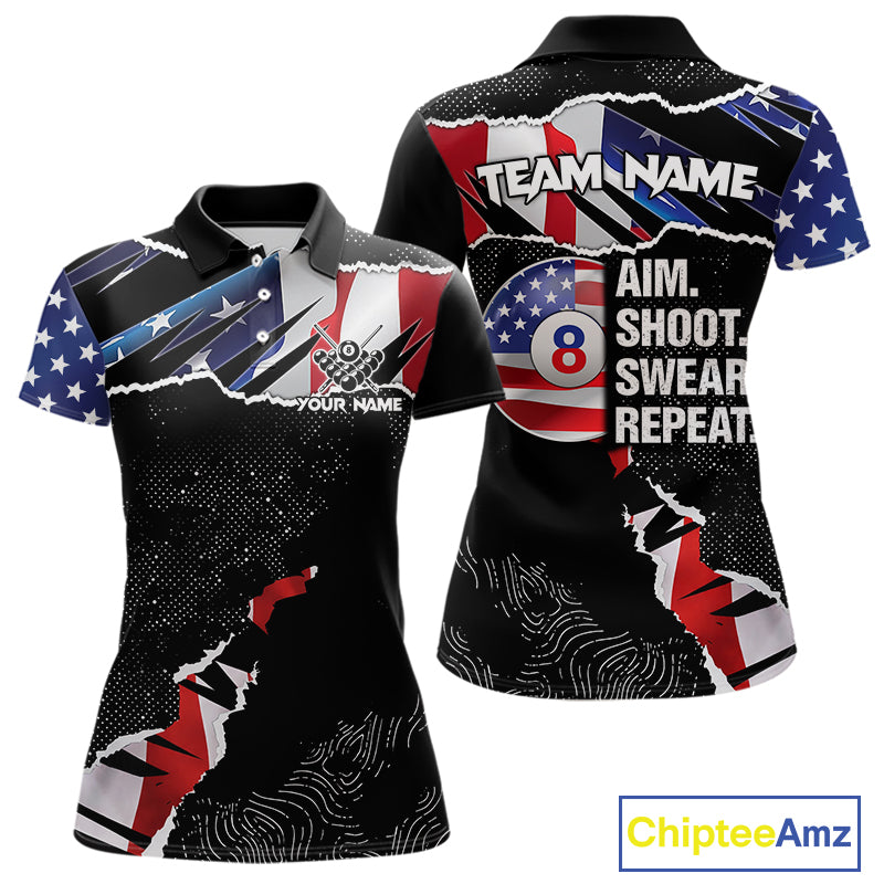 American Flag 8 Ball Aim Shoot Swear Repeat Women's Billiard Shirt Custom Pool Jersey Polo & 1/4 Zip TDM5928