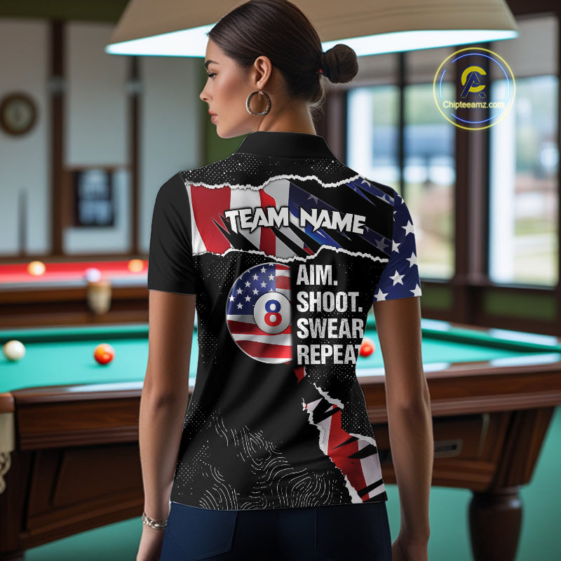 American Flag 8 Ball Aim Shoot Swear Repeat Women's Billiard Shirt Custom Pool Jersey Polo & 1/4 Zip TDM5928