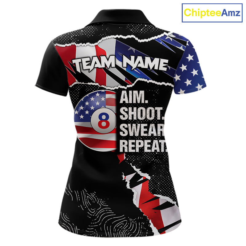 American Flag 8 Ball Aim Shoot Swear Repeat Women's Billiard Shirt Custom Pool Jersey Polo & 1/4 Zip TDM5928