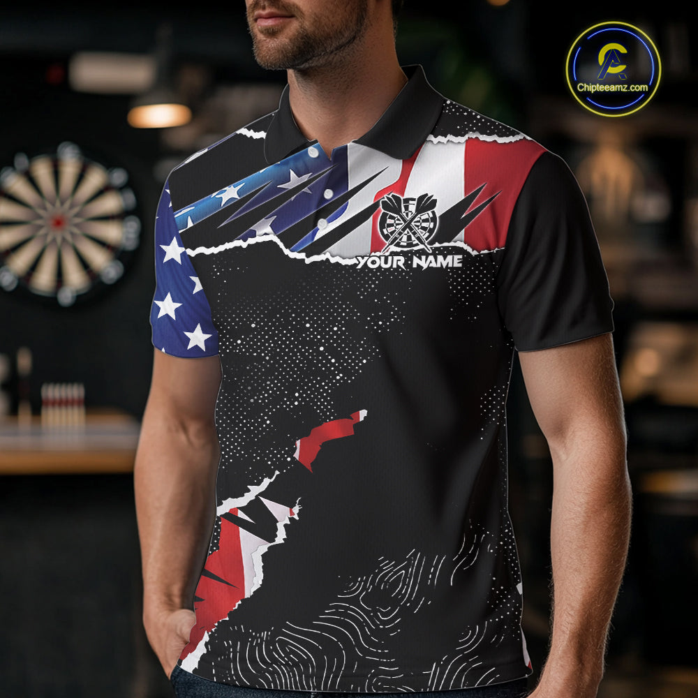 Custom Grunge American Flag Darts Shirt For Men, Patriotic Darts Team Jersey Polo & 1/4 Zip TDM5929