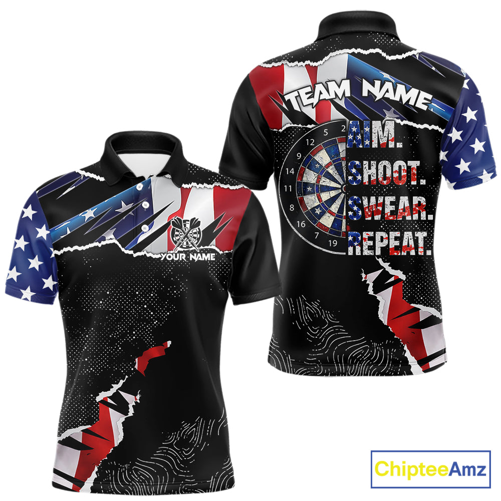 American Flag Aim Shoot Swear Repeat Darts Shirt For Men Custom Darts Jersey Team Polo & 1/4 Zip TDM5930
