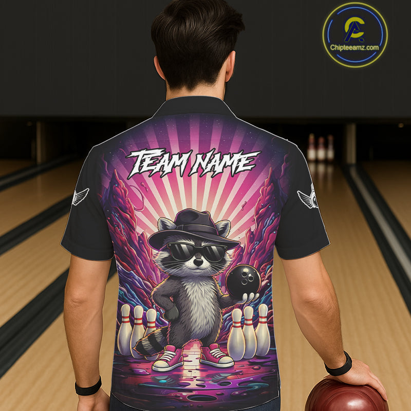 Pink Funny Raccoon Hawaiian Bowling Shirt For Women Custom Graffiti Bowling Team Jersey TDM6092
