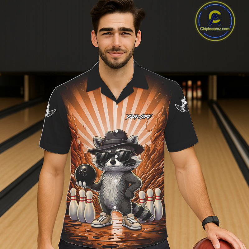Orange Funny Raccoon Hawaiian Bowling Shirt For Women Custom Graffiti Bowling Team Jersey TDM6093