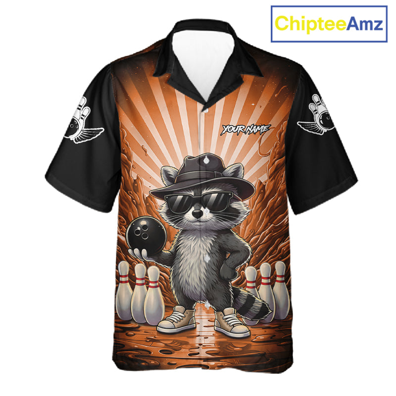 Orange Funny Raccoon Hawaiian Bowling Shirt For Women Custom Graffiti Bowling Team Jersey TDM6093