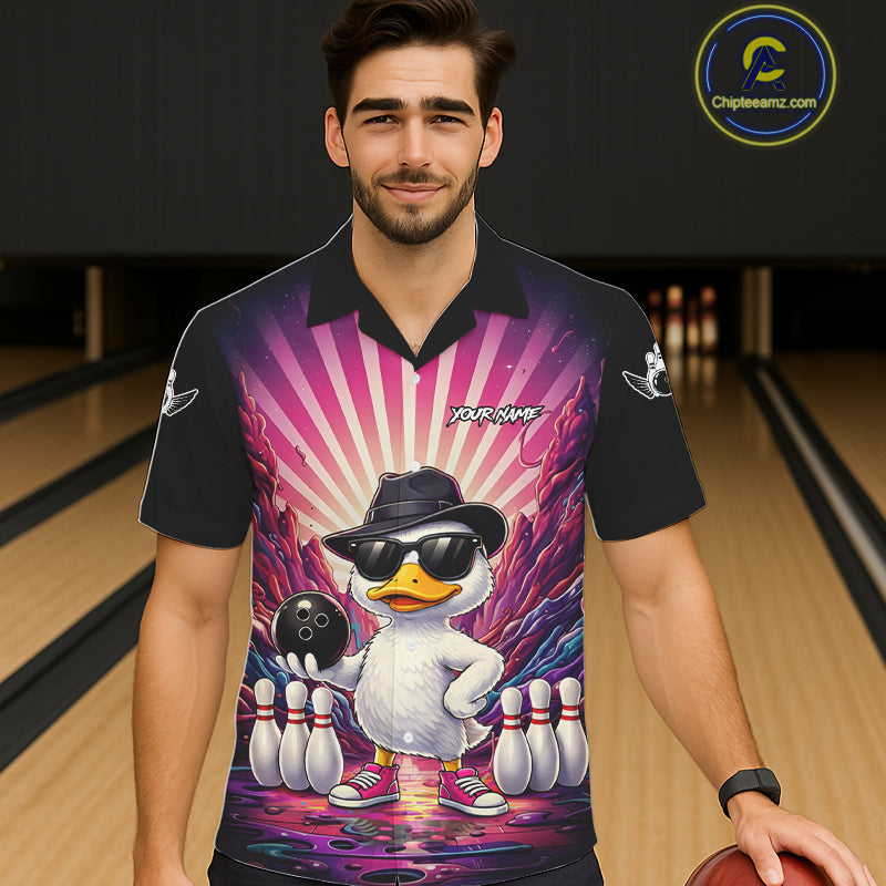 Pink Funny Duck Hawaiian Bowling Shirt For Women Custom Graffiti Bowling Team Jersey TDM6094
