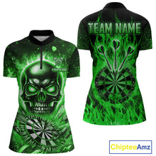Load image into Gallery viewer, Green Flame Skull Dartboard Shirt For Women Custom Darts League Team Jersey Polo &amp; Quarter Zip TDM5010