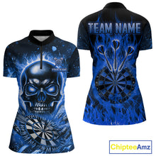 Load image into Gallery viewer, Blue Flaming Skull Dartboard Shirt For Women Custom Darts League Team Jersey Polo &amp; Quarter Zip TDM5011