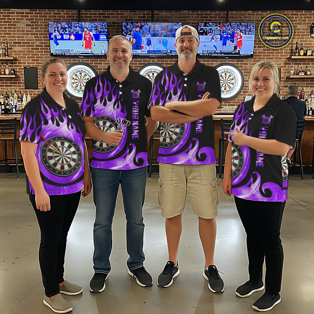 Black And Purple Custom Flame Light Darts Polo & 1/4 Zip For Men, Darts League Team Jersey TDM5480