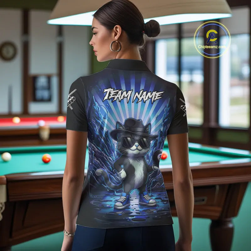 Funny Cat 8 Ball Billiard Shirt For Women Custom Blue Neon Graffiti Billiard Jersey Polo & 1/4 Zip TDM5742
