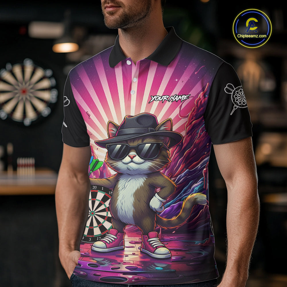 Pink Funny Cat Dartboard Neon Graffiti Darts Shirt For Men Custom Darts Jersey Team Polo & 1/4 Zip TDM5744