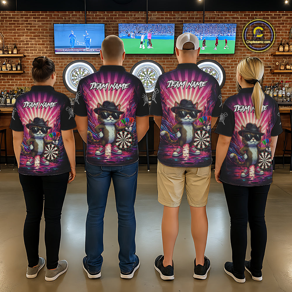 Pink Funny Cat Dartboard Neon Graffiti Darts Shirt For Women Custom Darts Jersey Team Polo & 1/4 Zip TDM5744