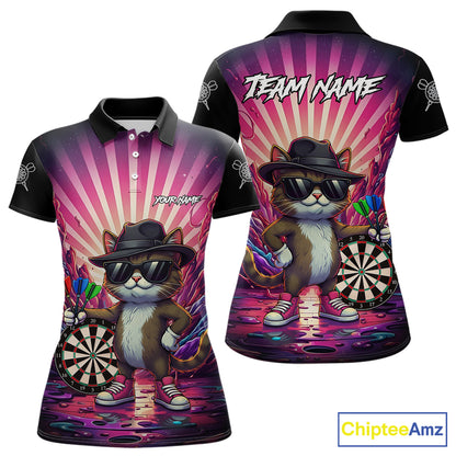 Pink Funny Cat Dartboard Neon Graffiti Darts Shirt For Women Custom Darts Jersey Team Polo & 1/4 Zip TDM5744