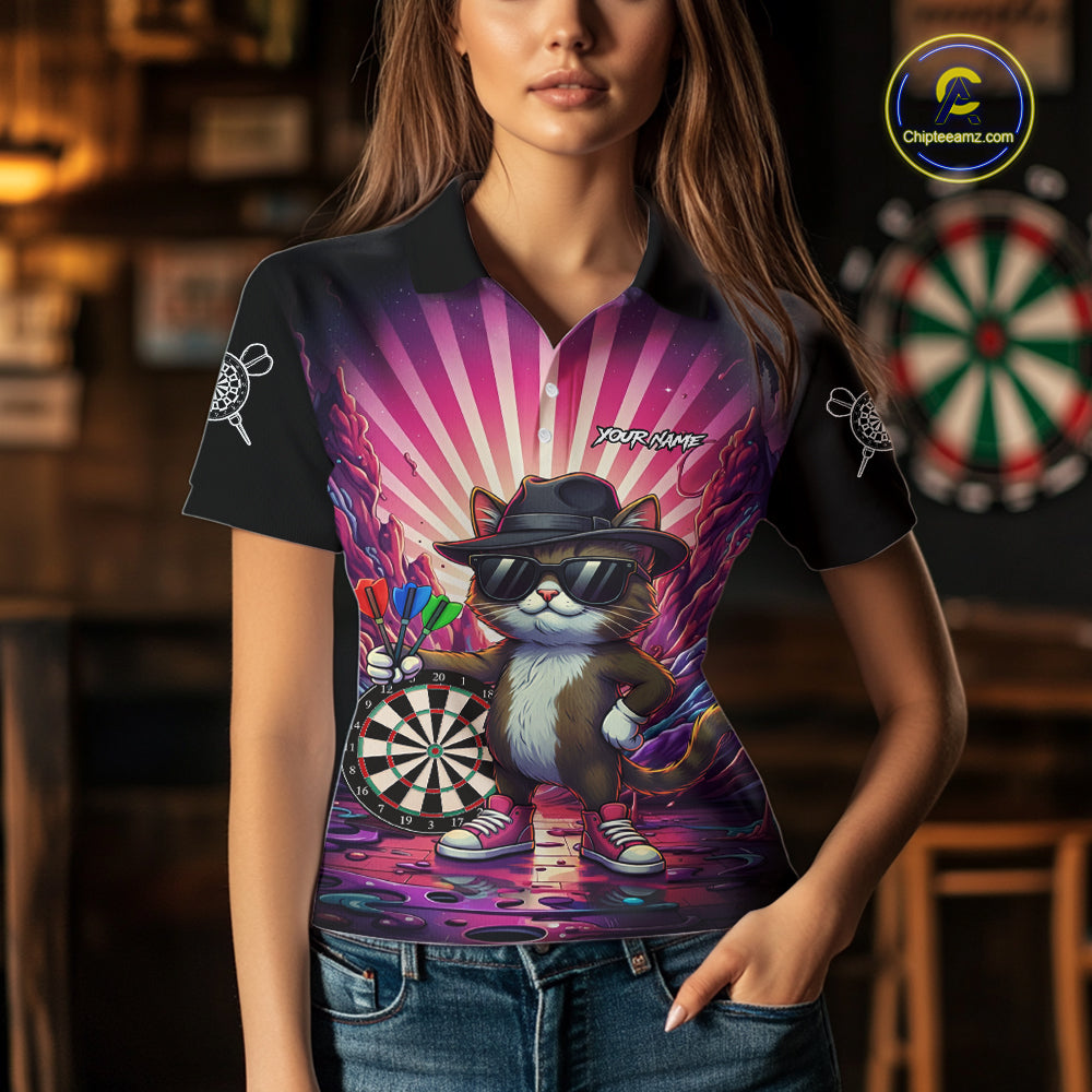 Pink Funny Cat Dartboard Neon Graffiti Darts Shirt For Women Custom Darts Jersey Team Polo & 1/4 Zip TDM5744