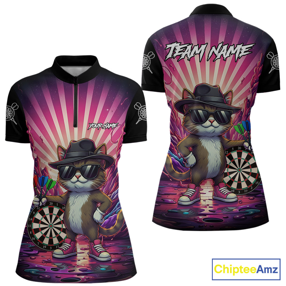 Pink Funny Cat Dartboard Neon Graffiti Darts Shirt For Women Custom Darts Jersey Team Polo & 1/4 Zip TDM5744