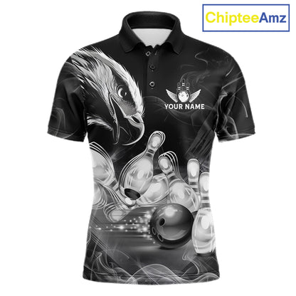 Black And White Custom Eagle Smoke Bowling Shirt For Men, Bowling Team Jersey Polo & 1/4 Zip TDM6356