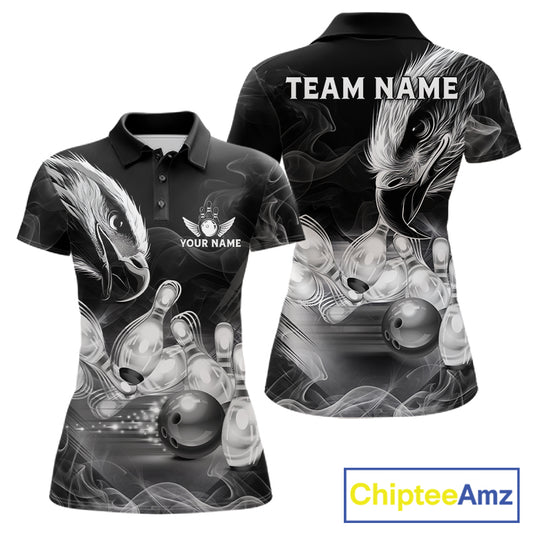 Black And White Custom Eagle Smoke Bowling Shirt For Women, Bowling Team Jersey Polo & 1/4 Zip TDM6356