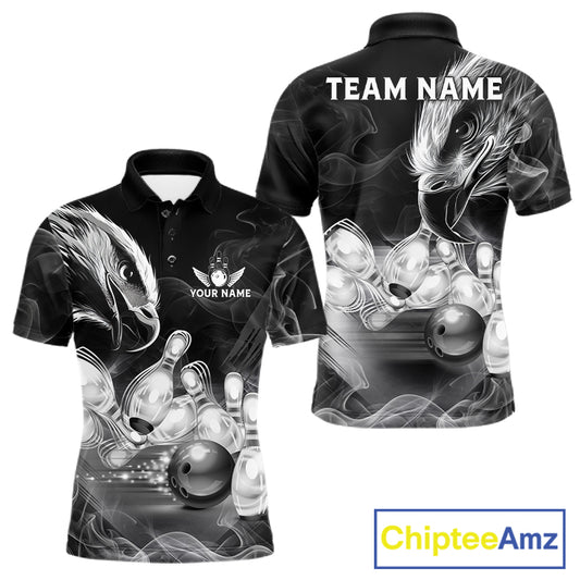 Black And White Custom Eagle Smoke Bowling Shirt For Men, Bowling Team Jersey Polo & 1/4 Zip TDM6356