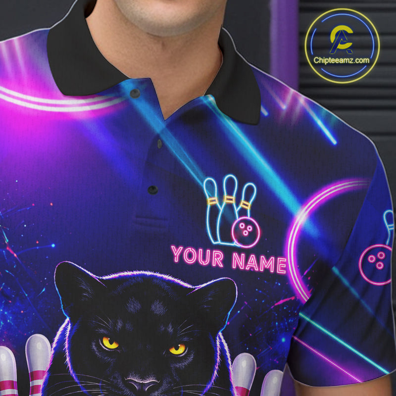 Neon Blue Purple Custom Panther Bowling Shirt For Men, Glowing Bowling Team Jersey Polo & 1/4 Zip TDM6358