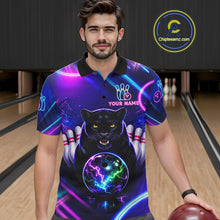 Load image into Gallery viewer, Neon Blue Purple Custom Panther Bowling Shirt For Men, Glowing Bowling Team Jersey Polo &amp; 1/4 Zip TDM6358