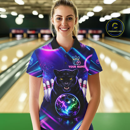 Neon Blue Purple Custom Panther Bowling Shirt For Women, Glowing Bowling Team Jersey Polo & 1/4 Zip TDM6358