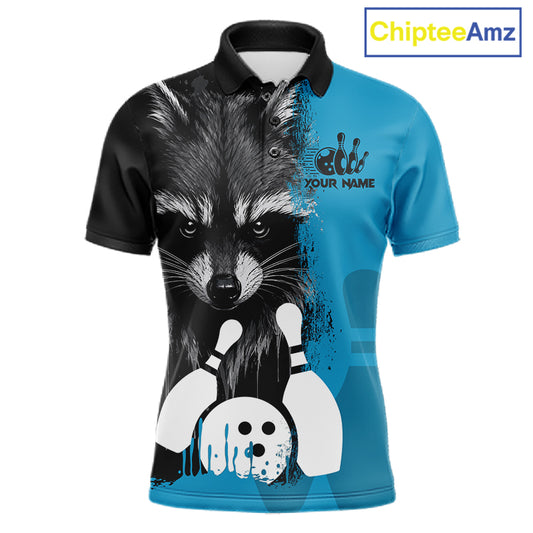 Black and blue raccoon bowling polo shirt for men with custom bowling team league graphics.