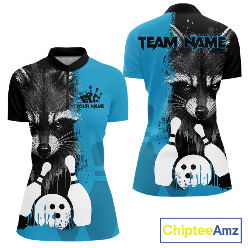Black and blue raccoon bowling quarter zip shirt for women designed for league tournaments and team events.