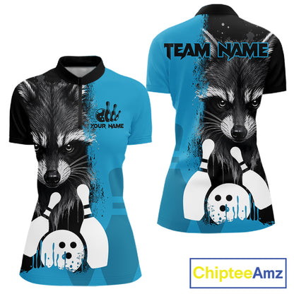 Black and blue raccoon bowling quarter zip shirt for women designed for league tournaments and team events.