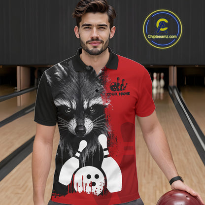 Man wearing a black and red raccoon bowling polo shirt at a bowling alley front view.