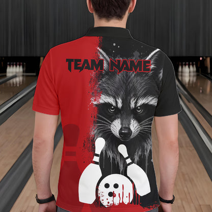 Back view of man wearing a black and red raccoon bowling polo shirt inside a bowling alley.
