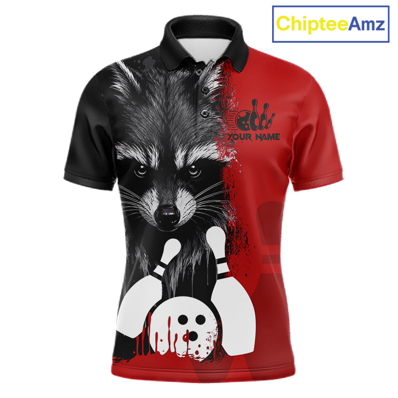 Black and red raccoon bowling polo shirt for men with custom bowling team league graphics.
