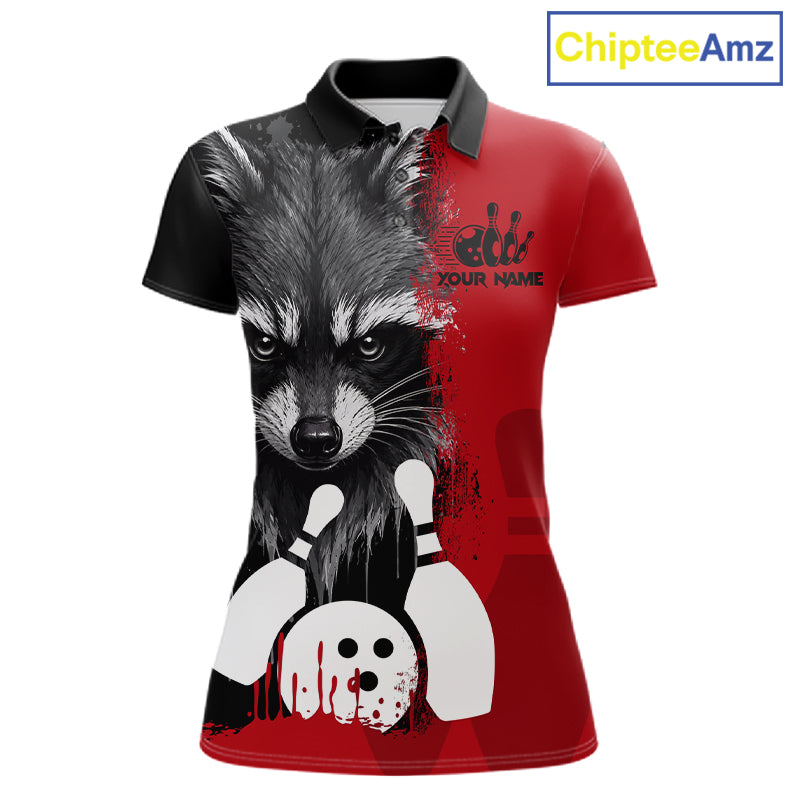 Black and red raccoon bowling polo shirt for women with custom bowling team league graphics.