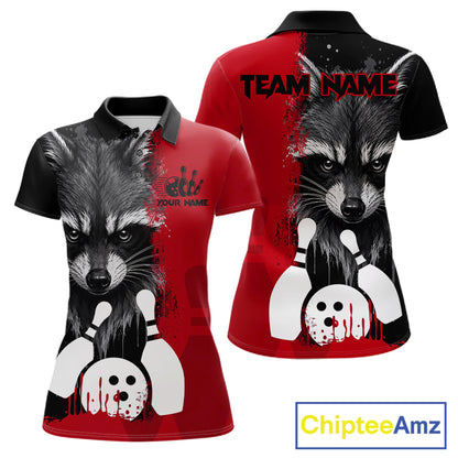 Black and red raccoon bowling polo shirt for women with custom bowling team league graphics.