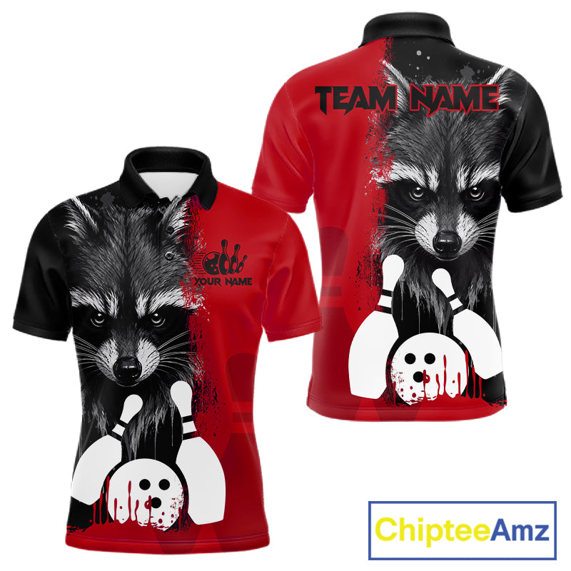 Black and red raccoon bowling polo shirt for men with custom bowling team league graphics.