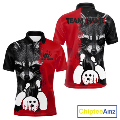 Black and red raccoon bowling polo shirt for men with custom bowling team league graphics.