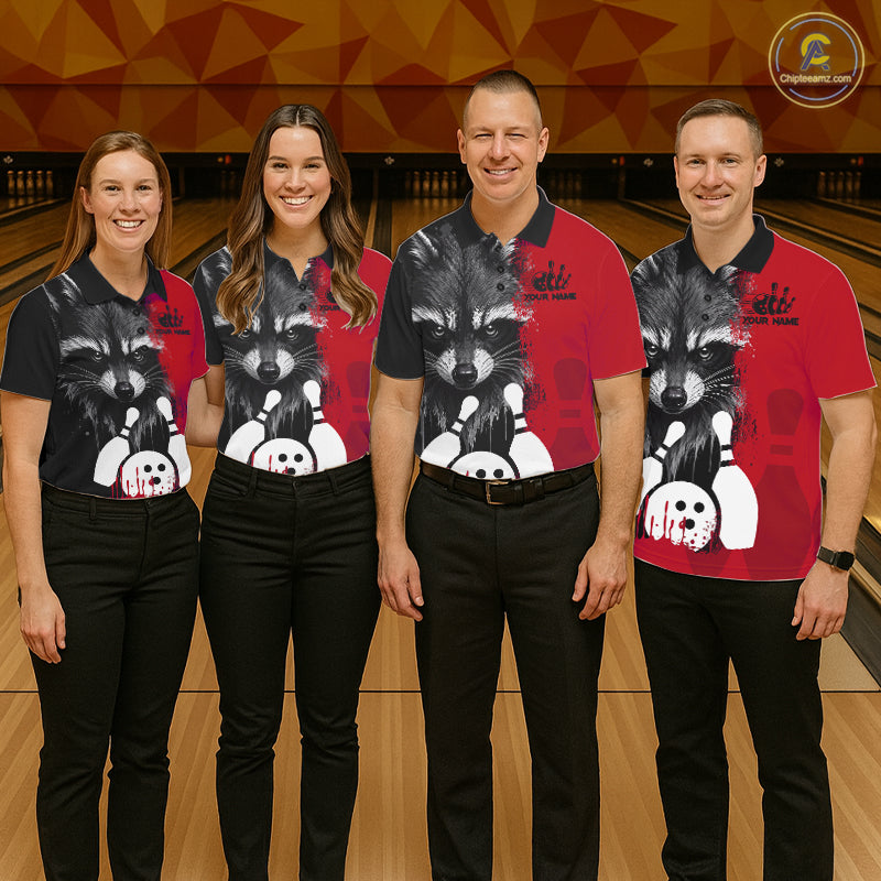 Bowling team wearing matching black and red raccoon bowling jerseys during league matches front view.