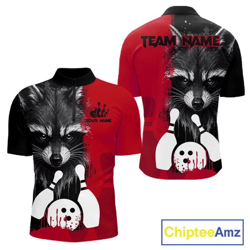 Black and red raccoon bowling quarter zip shirt for men designed for league tournaments and team events.