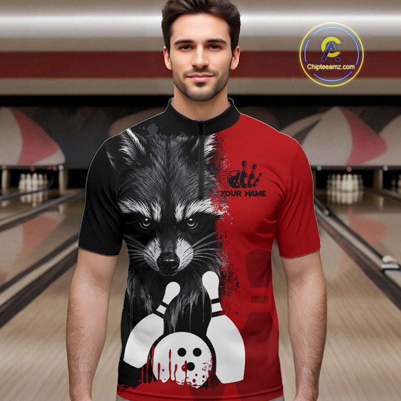 Man wearing a black and red raccoon bowling quarter zip jersey during league competition front view.
