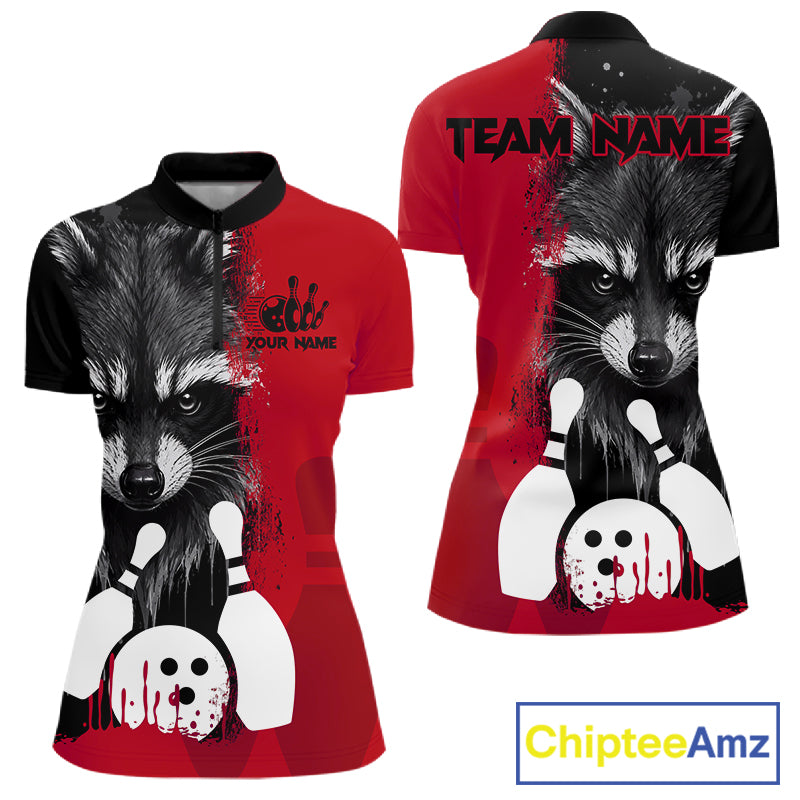 Black and red raccoon bowling quarter zip shirt for women designed for league tournaments and team events.