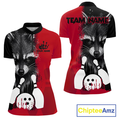 Black and red raccoon bowling quarter zip shirt for women designed for league tournaments and team events.