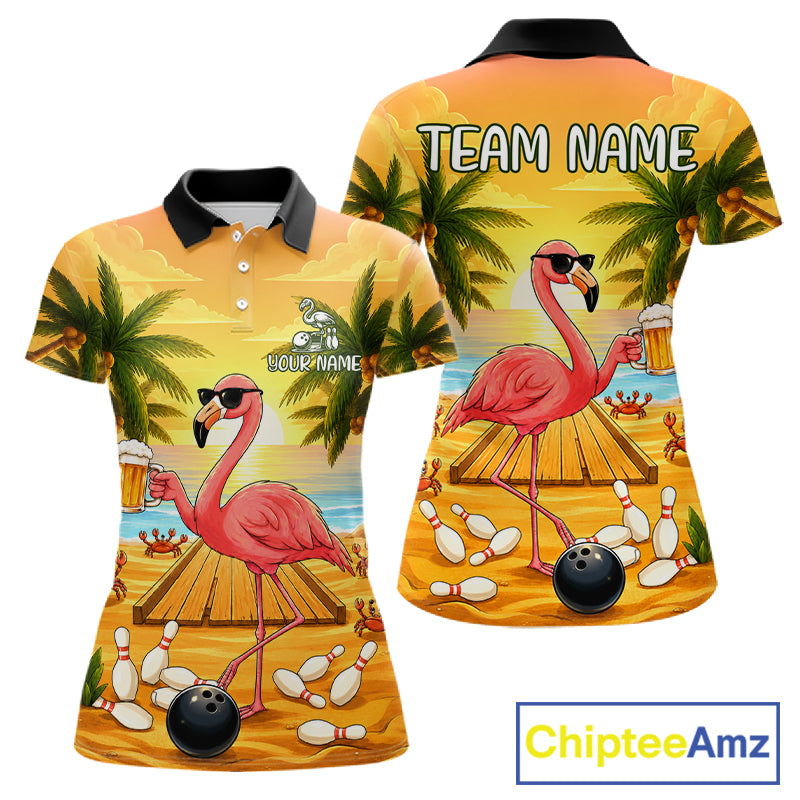 Funny flamingo sunset tropical bowling polo shirt for women with custom bowling team graphics.