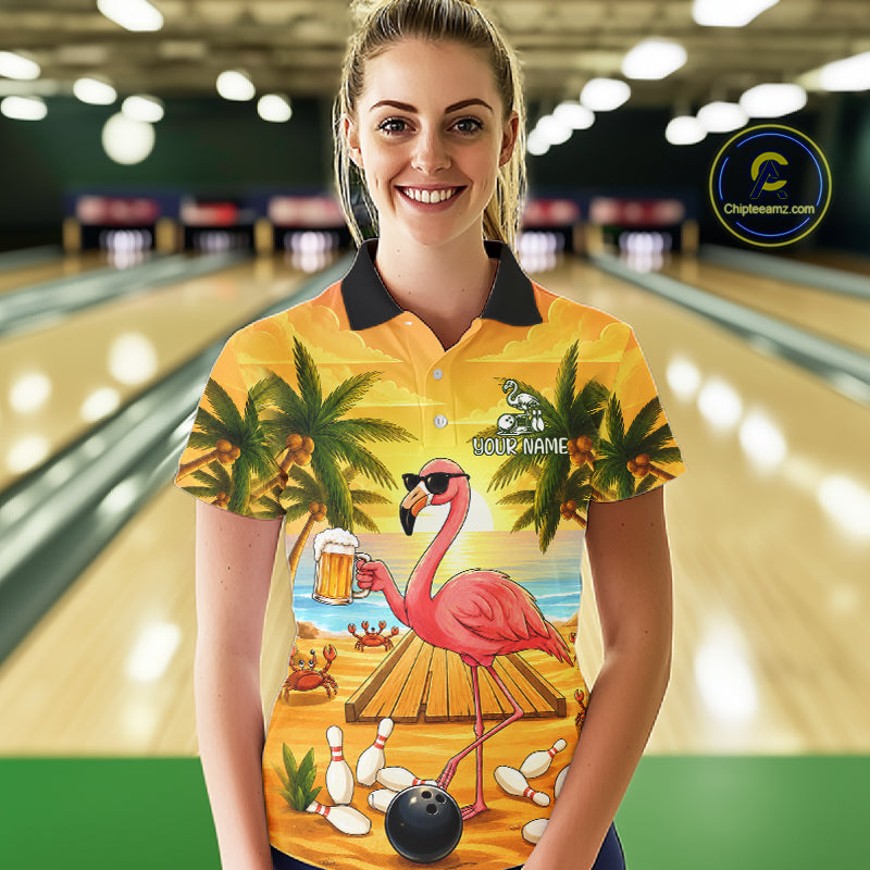 Woman wearing a funny flamingo sunset tropical bowling polo shirt at a bowling alley front view.