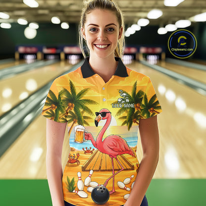Woman wearing a funny flamingo sunset tropical bowling polo shirt at a bowling alley front view.