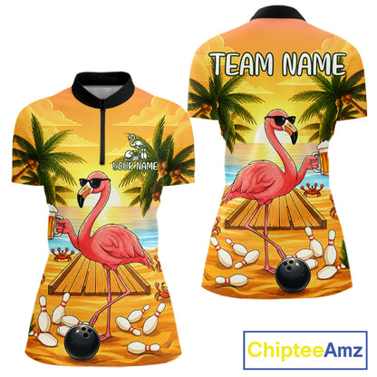 Funny flamingo sunset tropical bowling quarter zip shirt for women designed for league tournaments and team events.